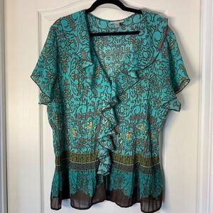 Dressbarn Turquoise Boho Blouse Ruffle Front Sheer Chiffon Top Plus Size 2X